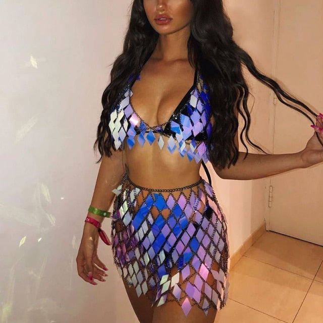 Rhombic Sequin Top & Skirt Set