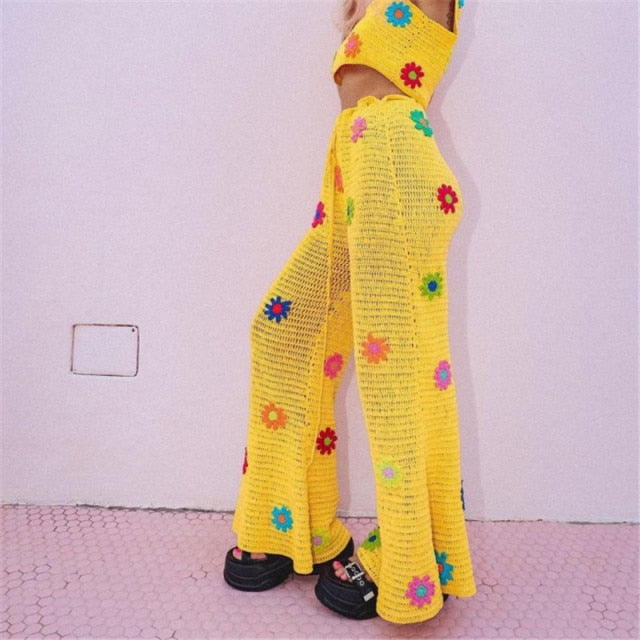 Knitted Floral Flare Pants