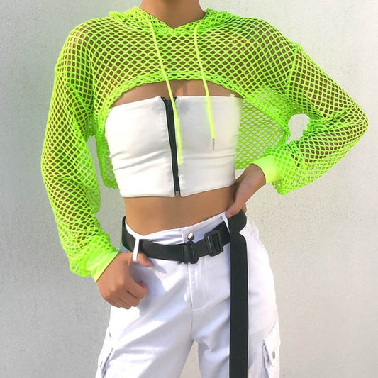 Mesh Cropped Hooded Shirt